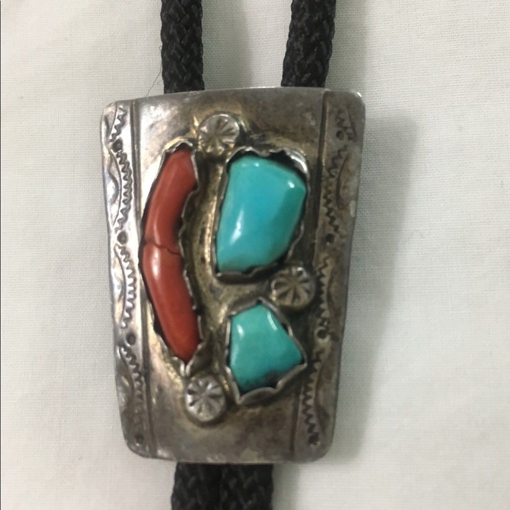 Turquoise and Red Corral Sterling Bolo (Cow tie)
